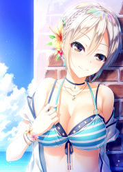 Rule 34 | 1girl, bad id, bad pixiv id, beach, bikini, bikini top only, bikini under clothes, black eyes, blush, breasts, cleavage, closed mouth, collarbone, commentary request, cowboy shot, day, front-tie top, hair between eyes, idolmaster, idolmaster cinderella girls, idolmaster cinderella girls starlight stage, jewelry, kine-c, looking at viewer, medium breasts, ocean, outdoors, shiomi syuko, short hair, smile, solo, striped bikini, striped clothes, swimsuit, swimsuit under clothes