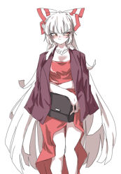 Rule 34 | 1girl, :/, alternate costume, bag, black bag, blush, bow, breasts, cleavage, closed mouth, dress, drop earrings, earrings, feet out of frame, fujiwara no mokou, hair bow, handbag, holding, isagi, jacket, jacket on shoulders, jewelry, long hair, looking to the side, medium breasts, orange eyes, purple jacket, red dress, red eyes, simple background, small breasts, solo, touhou, very long hair, white background, white bow, white hair