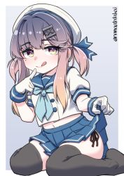 Rule 34 | 1girl, absurdres, black panties, black thighhighs, blue neckerchief, blue sailor collar, blue skirt, clothes lift, gloves, gradient hair, hair ornament, hairclip, hat, highres, kantai collection, licking lips, lifting own clothes, miniskirt, multicolored hair, namaata, neckerchief, orange hair, panties, pleated skirt, puffy short sleeves, puffy sleeves, purple eyes, purple hair, sailor collar, sailor hat, school uniform, serafuku, short hair, short sleeves, side-tie panties, sidelocks, sitting, skirt, skirt lift, smile, solo, thighhighs, tongue, tongue out, tsushima (kancolle), underwear, wariza, white gloves, white hat