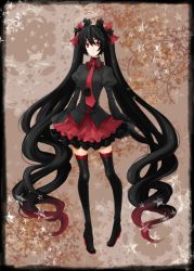 Rule 34 | 1girl, alternate hair color, black hair, boots, daikichi maru, hatsune miku, highres, lace, lace-trimmed legwear, lace trim, long hair, necktie, red eyes, skirt, solo, thigh boots, thighhighs, twintails, very long hair, vocaloid, zatsune miku