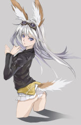 Rule 34 | 1girl, animal ears, ass, blue eyes, goggles, goggles on head, grey background, hanna-justina marseille, head wings, long hair, looking back, no pants, panties, simple background, solo, strike witches, tail, underwear, white hair, wings, witches of africa, world witches series, yamaishi (mukoubuti)