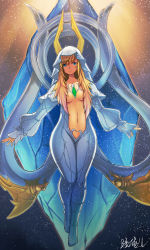 Rule 34 | 1girl, absurdres, blonde hair, blue eyes, breasts, center opening, chest jewel, cleavage, corruption, crystal, dark persona, final fantasy, final fantasy xiv, floating, highres, looking at viewer, mutsuura noru, navel, possessed, possession, ryne waters, shiva (final fantasy), solo, stomach