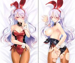 Rule 34 | 108 gou, 1girl, :q, alternate costume, animal ears, arm support, armpits, ass, ass grab, azur lane, back, bare arms, bare shoulders, bed sheet, blush, breasts, breasts out, cleavage, closed mouth, cowboy shot, cross, dakimakura (medium), detached collar, fake animal ears, fake tail, finger to mouth, from behind, gluteal fold, hairband, hand on own hip, iron cross, large breasts, leotard, leotard pull, lips, long hair, looking at viewer, looking back, lying, medium breasts, multicolored hair, multiple views, naughty face, nipples, on bed, on stomach, orange pantyhose, pantyhose, partially visible vulva, pinky to mouth, playboy bunny, prinz eugen (azur lane), rabbit ears, rabbit tail, red eyes, red hair, red hairband, red leotard, red ribbon, ribbon, side-tie leotard, silver hair, spread ass, strapless, strapless leotard, streaked hair, tail, tongue, tongue out, torn clothes, torn legwear, tsurime, twisted torso, twitter username, two side up, very long hair, wrist cuffs