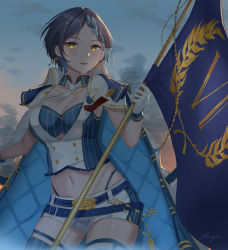 Rule 34 | 1girl, absurdres, belt, black hair, blouse, blue belt, blue sky, blue thighhighs, blush, braid, braided bangs, breasts, cape, cleavage, cloud, collared cape, commentary request, cowboy shot, dawn, detached collar, earrings, flag, french braid, gloves, hayami kanade, highres, holding, holding flag, idolmaster, idolmaster cinderella girls, idolmaster cinderella girls starlight stage, jewelry, large breasts, looking at viewer, midriff, navel, necktie, official alternate costume, outdoors, parted bangs, parted lips, ribbon braid, shirt, short hair, short shorts, shorts, shougun (chuckni1), sidelocks, single braid, sky, sleeveless, sleeveless shirt, smile, solo, standing, striped clothes, striped shirt, striped thighhighs, thighhighs, white cape, white gloves, white necktie, white shorts, yellow eyes