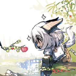 Rule 34 | &gt; &lt;, :d, animal, apple, closed eyes, commentary request, day, dress, flying sweatdrops, food, fox, from side, fruit, highres, horns, japanese clothes, kimono, leaning forward, long sleeves, mouth hold, open mouth, outdoors, profile, puddle, red apple, red eyes, sketch, smile, sparkle, water, white dress, white hair, white kimono, wide sleeves, yuuji (yukimimi)