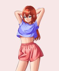 Rule 34 | 1girl, absurdres, arms behind head, artist name, blue eyes, breasts, character request, highres, legs, long hair, midriff, orange hair, shirt, shorts, small breasts, smile, solo, thighs