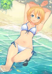 Rule 34 | 10s, 1girl, armpits, arms up, bangle, beach, bikini, blonde hair, blue eyes, blush, bracelet, braid, breasts, breasts apart, clenched hands, darjeeling (girls und panzer), fish, from above, front-tie top, girls und panzer, groin, hair between eyes, highres, jewelry, kame^^, looking at viewer, lying, navel, no socks, on back, open mouth, outdoors, partially submerged, shoes, side-tie bikini bottom, smile, solo, swimsuit, thigh gap, thighs, water, white bikini