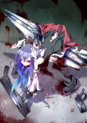 Rule 34 | 1girl, animal ears, bare shoulders, bent over, black thighhighs, blood, blue hair, bullet, cigarette, detached sleeves, female focus, gun, huge weapon, ichiyan, long hair, rabbit ears, rabbit girl, rabbit tail, red eyes, reisen udongein inaba, rifle, solo, tail, thighhighs, torn clothes, touhou, weapon
