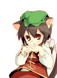 Rule 34 | 1girl, animal ears, bad id, bad pixiv id, brown eyes, brown hair, cat ears, cat girl, cat tail, chen, earrings, female focus, fuji-k, own hands clasped, hat, jewelry, multiple tails, own hands together, short hair, solo, tail, touhou