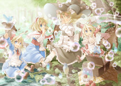 Rule 34 | 2girls, alice margatroid, animal ears, apron, bird, black dress, blonde hair, blue dress, blue eyes, bow, bubble, blowing bubbles, rabbit ears, capelet, chestnut mouth, commentary request, deer, dress, food, forest, hair bow, hairband, hat, highres, hourai doll, juliet sleeves, kirisame marisa, lolita hairband, long sleeves, multiple girls, nature, open mouth, picnic, picnic basket, puffy sleeves, sash, shanghai doll, shunsuke, sitting, smile, touhou, witch hat, yellow eyes