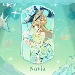 Rule 34 | 1girl, blonde hair, blue eyes, boat, dress, drill hair, formal, genshin impact, green dress, hat, highres, long hair, looking at viewer, navia (genshin impact), official alternate costume, official alternate hairstyle, official art, open mouth, sail, seashell, shell, single bare shoulder, single sidelock, smile, solo, watercraft