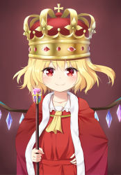 Rule 34 | &gt;:), 1girl, ascot, blonde hair, brown background, cloak, closed mouth, collarbone, commentary, commission, crown, crystal, dress, english commentary, fang, fang out, flandre scarlet, hair between eyes, hand on own hip, holding, holding staff, ikazu401, red cloak, red dress, red eyes, simple background, smile, solo, staff, touhou, v-shaped eyebrows, wings, yellow ascot