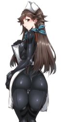 Rule 34 | 1girl, ass, ass focus, black bodysuit, blush, bodysuit, breasts, brown eyes, brown hair, cameltoe, cleft of venus, curvy, evangelion: 3.0+1.0 thrice upon a time, gggg, hat, highres, long hair, looking at viewer, looking back, medium breasts, neon genesis evangelion, plugsuit, rebuild of evangelion, shiny clothes, simple background, solo, suzuhara sakura, white background