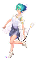 Rule 34 | 1girl, bare arms, bare legs, blue skirt, breasts, casual, chest jewel, collarbone, contemporary, curly hair, full body, glasses, green hair, hair between eyes, highres, looking at viewer, medium breasts, natto soup, pandoria (xenoblade), pointy ears, revision, shirt, short hair, simple background, skirt, smile, solo, tail, white background, white shirt, xenoblade chronicles (series), xenoblade chronicles 2
