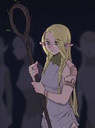 Rule 34 | 4girls, arm tattoo, bare shoulders, blonde hair, blurry, blurry background, braid, breasts, dress, dungeon meshi, elf, eyes visible through hair, gorget, green eyes, hair around ear, hair over shoulder, highres, holding, holding staff, kuntama11, long hair, looking afar, marcille donato, multiple girls, notched ear, pointy ears, short dress, sleeveless, sleeveless dress, solo focus, sprout, staff, tattoo, twin braids, upper body