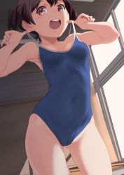Rule 34 | 1girl, aonori misuji, blue one-piece swimsuit, breasts, clothes pull, commentary request, competition school swimsuit, covered navel, cowboy shot, gluteal fold, highres, new school swimsuit, one-piece swimsuit, one-piece swimsuit pull, open mouth, original, parted bangs, round teeth, school swimsuit, skindentation, small breasts, solo, standing, swimsuit, teeth, thighs, upper teeth only, window