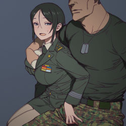 Rule 34 | 1boy, 1girl, blush, breasts, bulge, chouno ami, collared jacket, collared shirt, commentary request, crotch grab, dog tags, girls und panzer, grabbing, grabbing another&#039;s breast, grey background, groping, hetero, highres, jacket, large breasts, long sleeves, mature female, military, military uniform, miniskirt, muscular, muscular male, necktie, onsen tamago (hs egg), open mouth, shirt, short hair, short sleeves, sidelocks, simple background, sitting, skirt, smile, uniform, white shirt