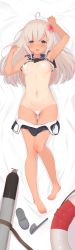Rule 34 | 1girl, ahoge, armpits, arms up, bare legs, bare shoulders, barefoot, bed sheet, blue eyes, blush, breasts, censored, clothes pull, commentary request, covered navel, crop top, dakimakura (medium), flower, from above, full body, gluteal fold, groin, hair flower, hair ornament, heart, heart censor, highres, kagerou (shadowmage), kantai collection, lifebuoy, long hair, looking at viewer, lying, navel, no shoes, nontraditional school swimsuit, on back, one-piece swimsuit, one-piece swimsuit pull, one-piece tan, open mouth, pussy, pussy peek, ro-500 (kancolle), sailor collar, school swimsuit, school uniform, serafuku, slippers, small breasts, solo, swim ring, swimsuit, swimsuit under clothes, tan, tanline, torpedo, undressing