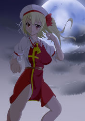 Rule 34 | 1girl, absurdres, adapted costume, ascot, blonde hair, blush, breasts, dress, fang, fighting stance, flandre scarlet, full moon, hat, hat ribbon, highres, looking at viewer, mob cap, moon, night, puffy short sleeves, puffy sleeves, red eyes, ribbon, shirikodama (cure meat), shirt, short sleeves, side ponytail, skirt, solo, touhou, white shirt