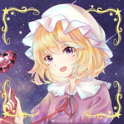 Rule 34 | 1girl, blonde hair, chinese commentary, coat, collared shirt, commentary request, eyelashes, frilled hat, frills, gem, hat, heart-shaped gem, juliet sleeves, lace-trimmed collar, lace trim, long sleeves, maribel hearn, mioda xi, mob cap, neck ribbon, neck ribbon grab, necktie, necktie grab, neckwear grab, open mouth, picture frame, puffy sleeves, purple eyes, purple shirt, purple sleeves, red gemstone, red necktie, red ribbon, ribbon, shirt, shooting star, short hair, smile, solo, space, sparkle, star (sky), star (symbol), touhou, unworn necktie, upper body, watermark, weibo logo, weibo watermark, white coat, white hat