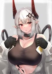 Rule 34 | 1girl, arknights, black bra, black gloves, black hair, blush, border, bra, breasts, cleavage, commentary, demon horns, earrings, english commentary, gloves, gradient hair, grey background, highres, horns, infection monitor (arknights), jewelry, jumpsuit, kanta (kanta 077), large breasts, long hair, looking to the side, material growth, mudrock (arknights), multicolored hair, oripathy lesion (arknights), parted lips, pointy ears, red eyes, silver hair, simple background, solo, sports bra, stud earrings, sweat, underwear, undressing, upper body, white jumpsuit