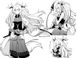 Rule 34 | 1girl, absurdres, arknights, commentary request, dress, fingerless gloves, gloves, greyscale, highres, holding, holding nunchaku, holding weapon, horns, infection monitor (arknights), leizi (arknights), long hair, looking at viewer, monochrome, multiple views, nunchaku, one eye closed, pointy ears, ponytail, qilin (mythology), see-through, see-through dress, sleeveless, sleeveless dress, tail, thick eyebrows, translation request, twitter username, v-shaped eyebrows, very long hair, weapon, wristband, yom (ymayma00ss)