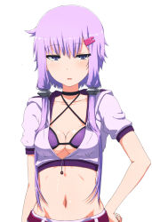 Rule 34 | 1girl, abmayo, bikini, bikini top only, blue eyes, blush, breasts, cleavage, collarbone, eyebrows, hair ornament, hand on own hip, highres, hood, hooded jacket, jacket, jitome, long hair, looking at viewer, navel, open clothes, open mouth, purple hair, race queen, short hair with long locks, short sleeves, simple background, small breasts, solo, stomach, swimsuit, twintails, vocaloid, voiceroid, white background, yuzuki yukari