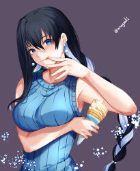 Rule 34 | 1girl, aona (anagasaki), arm under breasts, armpits, black hair, blue eyes, blue sweater, breasts, colored inner hair, earrings, finger to mouth, grey background, hair between eyes, hand to own mouth, highres, holding food, holding ice cream, ice cream, ice cream cone, jewelry, kyokou suiri, large breasts, licking, licking finger, long hair, looking at viewer, multicolored hair, ribbed sweater, sleeveless, sleeveless sweater, solo, sweater, tongue, tongue out, twitter username, two-tone hair, upper body, very long hair, white hair, yuki-onna (kyokou suiri), yuki onna