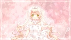 Rule 34 | 1girl, :d, bare shoulders, blonde hair, blush, dress, gloves, green eyes, highres, long hair, mole, mole under eye, open mouth, original, outstretched hand, smile, solo, strapless, strapless dress, tiara, twintails, veil, wedding dress, yuduki