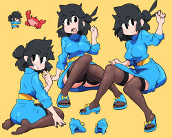 Rule 34 | 1girl, belt, black eyes, black hair, black nails, black thighhighs, blue dress, blue footwear, crab, dress, hand up, high heels, highres, index finger raised, invisible chair, looking at viewer, lucia (scott malin), multiple views, open mouth, original, parted lips, scott malin, see-through thighhighs, shoes, unworn shoes, simple background, sitting, smile, thighhighs, yellow background, yellow belt
