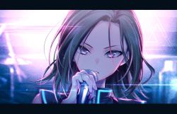 Rule 34 | 1girl, bad id, bad twitter id, bang dream!, black eyes, black hair, diffraction spikes, highres, holding, holding microphone, letterboxed, long hair, looking at viewer, microphone, neon trim, no bangs, parted hair, parted lips, portrait, shiontaso, solo, wakana rei