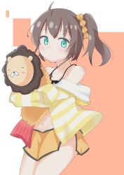 Rule 34 | 100ton250, 1girl, ahoge, animal-shaped pillow, belly, blue eyes, brown hair, collarbone, ebi frion (matsuri channel), hair ornament, highres, holding, hololive, hug, jacket, looking at viewer, natsuiro matsuri, natsuiro matsuri (matsuri&#039;s day off), navel, scrunchie, short hair, shorts, side ponytail, simple background, solo, stomach, virtual youtuber