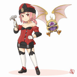 Rule 34 | 10s, 1girl, ahriman, bare shoulders, bracelet, braid, final fantasy, final fantasy xiv, futaba no taiko, garter straps, gloves, hammer, hand on own hip, hat, jewelry, lalafell, light smile, loafers, miniskirt, monster, pink eyes, pink hair, pointy ears, shoes, skirt, square enix, thighhighs, tooru0908, twin braids, two side up, warrior of light (ff14)