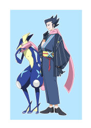 Rule 34 | 1boy, 99akt1031, absurdres, alternate costume, black footwear, black gloves, black hair, blue background, border, closed mouth, commentary request, creatures (company), from side, game freak, gen 6 pokemon, gloves, greninja, grimsley (pokemon), highres, jacket, japanese clothes, kimono, male focus, nintendo, open clothes, open jacket, pink scarf, pointy hair, pokemon, pokemon (creature), pokemon bw, raised eyebrow, sash, scarf, shoes, smile, standing, white border, yellow sash