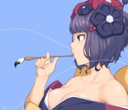 Rule 34 | 1girl, black eyes, blue background, breasts, calligraphy brush, closed mouth, dyun, fate/grand order, fate (series), from side, hair bun, hair ornament, hair stick, hand up, holding, holding brush, japanese clothes, katsushika hokusai (fate), kimono, large breasts, long sleeves, off shoulder, paintbrush, profile, purple hair, purple kimono, sash, short hair, simple background, single hair bun, solo, upper body, wide sleeves