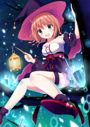 Rule 34 | 1girl, :d, blurry, brown hair, collarbone, crystal, depth of field, detached sleeves, fang, from below, green eyes, hat, holding, in tree, lantern, bridal garter, looking at viewer, night, open mouth, original, shoes, short hair, sitting, sitting in tree, smile, solo, tree, witch hat, yon (letter)