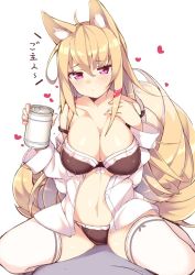 Rule 34 | 1girl, ahegao, ahoge, animal ears, bad id, bad twitter id, bare shoulders, black bra, black panties, blonde hair, blush, bra, breasts, buttons, cleavage, collarbone, eyebrows, fox ears, fox tail, hair between eyes, hand on own chest, haruyuki (yukichasoba), heart, holding, large breasts, legs apart, long sleeves, looking at viewer, multiple tails, navel, off shoulder, open clothes, open shirt, original, panties, pink eyes, shiny skin, shirt, solo, stomach, straddling, tail, teardrop, text focus, thighhighs, translated, unbuttoned, unbuttoned shirt, underwear, upright straddle, white shirt, white thighhighs