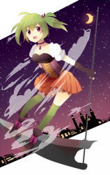 Rule 34 | 1girl, ahoge, bad id, bad pixiv id, black gloves, choker, elbow gloves, fingerless gloves, gloves, green hair, green thighhighs, halloween, holding, leaning forward, looking at viewer, natsume3304, open mouth, original, purple eyes, scythe, shoes, solo, thighhighs, twintails