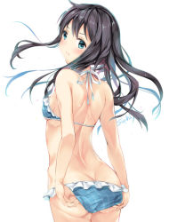 Rule 34 | &gt;:t, 1girl, :t, adjusting clothes, adjusting swimsuit, ass, backlighting, bad id, bad pixiv id, bikini, black hair, blue bikini, blue eyes, blush, breasts, butt crack, closed mouth, floating hair, frilled bikini, frills, halterneck, long hair, looking at viewer, looking back, original, plaid, plaid bikini, pout, simple background, small breasts, solo, suihi, swimsuit, v-shaped eyebrows, white background