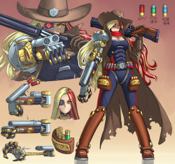 Rule 34 | 1girl, ammunition, arm cannon, artificial eye, belt, blonde hair, commentary, cowboy hat, cross, cross necklace, cyborg, doom (series), double-barreled shotgun, english commentary, gloves, glowing, glowing eye, grappling hook, gun, hat, highres, jewelry, joints, long coat, long hair, mechanical arms, mechanical eye, multicolored hair, multiple-barrel firearm, necklace, orange eyes, over shoulder, personification, prosthesis, prosthetic arm, red hair, reloading, robot joints, scarf, shotgun, shotgun shell, shotgun slug, standing, substance20, torn clothes, torn coat, two-tone hair, weapon, weapon over shoulder, wrist gun