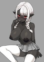 Rule 34 | 1girl, arm support, blush, bottomless, braid, breasts, butteryshake, closed mouth, collarbone, commission, dark-skinned female, dark areolae, dark skin, foot out of frame, grey background, hair intakes, hand up, highres, large breasts, microskirt, navel, original, pointy ears, red eyes, simple background, sitting, skirt, solo, thighhighs, twin braids, twintails, white thighhighs
