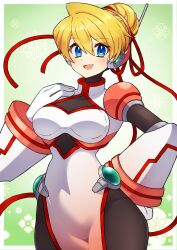 Rule 34 | 1girl, blonde hair, blue eyes, blush, breasts, cinnamon (mega man), hand on own chest, hand on own hip, highres, large breasts, looking at viewer, mega man (series), mega man x: command mission, mega man x (series), mega man x dive, open mouth, short hair, smile, solo, tobitori