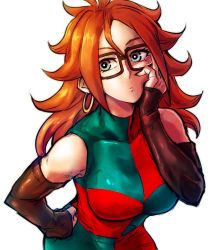 Rule 34 | 1girl, android 21, arm up, black-framed eyewear, blue eyes, breasts, brown hair, checkered clothes, checkered dress, clenched hand, closed mouth, collarbone, commentary request, curly hair, detached sleeves, dragon ball, dragon ball fighterz, dress, earrings, glasses, hand on own hip, hand on own cheek, hand on own face, hoop earrings, jewelry, kemachiku, long hair, looking at viewer, lowres, medium breasts, sleeveless, sleeveless dress, solo, two-tone dress, upper body, very long hair