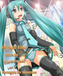 Rule 34 | detached sleeves, hatsune miku, headset, homare (suzu no oka), long hair, panties, pantyshot, solo, striped clothes, striped panties, thighhighs, twintails, underwear, very long hair, vocaloid