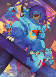 Rule 34 | ^ ^, alcohol, animal focus, blue skin, bottle, claws, closed eyes, cloud, colored skin, commentary, creatures (company), crocodilian, cup, drooling, evolutionary line, fangs, feraligatr, game freak, gen 2 pokemon, hammer, highres, holding, holding cup, holding hammer, night, night sky, nintendo, no humans, open mouth, pokemon, pokemon (creature), purple sky, red eyes, sakazuki, sake bottle, sky, squatting, tail, teeth, tongue, tongue out, totodile, yoshiya (ina ba ya)