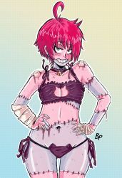 Rule 34 | absurdres, androgynous, aqua eyes, bandages, bandaid, bell, bleeding, blood, blunt bangs, cat cutout, cat ear panties, cat lingerie, choker, claw pose, cleavage cutout, clothing cutout, colored skin, dark skin, fang, flat chest, gender request, green skin, hanako, hand on own hip, highres, meme attire, monster girl, open mouth, original, panties, pink skin, red hair, short hair, side-tie panties, smile, stitches, supernew, swamimen, swamitsunami, tan, thighhighs, underwear, zombie, zombie girl