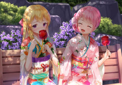 Rule 34 | 2girls, :d, ^ ^, bad id, bad pixiv id, bang dream!, bench, blonde hair, blush, bow, candy apple, closed eyes, commentary request, covered mouth, day, floral print, flower, food, furisode, hair bow, hair flower, hair ornament, holding, holding food, japanese clothes, kimono, long hair, long sleeves, lunacle, maruyama aya, multiple girls, obi, open mouth, outdoors, park bench, pink flower, pink hair, pink kimono, print kimono, purple eyes, purple flower, red bow, revision, sash, shirasagi chisato, sitting, smile, white flower, white kimono, wide sleeves