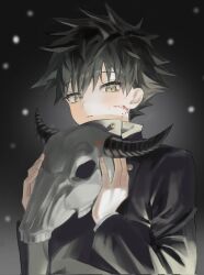 Rule 34 | 1boy, animal skull, black hair, black jacket, blood, blood on face, buttons, commentary request, eyelashes, fushiguro megumi, green eyes, hair between eyes, high collar, highres, holding, holding skull, jacket, jujutsu kaisen, katana33t, korean commentary, long sleeves, looking at viewer, male focus, parted lips, school uniform, short hair, skull, solo, spiked hair
