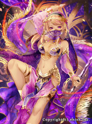 Rule 34 | 1girl, armlet, belly chain, blonde hair, bracelet, breasts, cleavage, company name, dagger, dragon tactics, dual wielding, head chain, holding, holding weapon, jewelry, knife, long hair, looking at viewer, medium breasts, mole, mole under eye, natsuiro xx, navel, official art, original, pelvic curtain, purple eyes, see-through, small breasts, solo, weapon