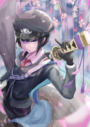 Rule 34 | 1girl, arm up, black eyes, black gloves, black hair, black hat, black jacket, black pants, blurry, blurry background, cherry blossoms, collared shirt, contrapposto, from above, glaring, gloves, hat, highres, holding, holding sword, holding weapon, jacket, katana, long sleeves, looking at viewer, military, military hat, military jacket, military uniform, necktie, original, outdoors, pants, peaked cap, red necktie, sheath, shirt, short hair, solo, sword, tree, ttssfy (shirato ra), uniform, unsheathing, weapon, white shirt